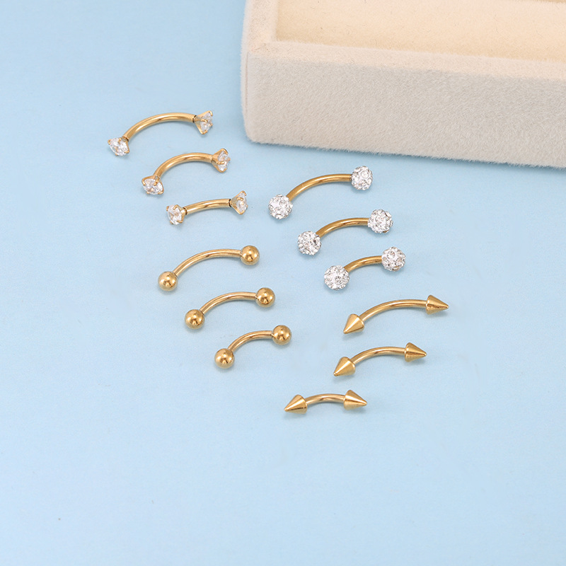 12pc Best-Selling Stainless Steel Eyebrow Studs Set with Pointed Cones, Round Balls & Zircon Inlays detail image 4