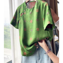 新しい中国風のレトロな花柄プリント中国風ファッションボタングリーンニッチ Tシャツ 2025 カジュアルトップ