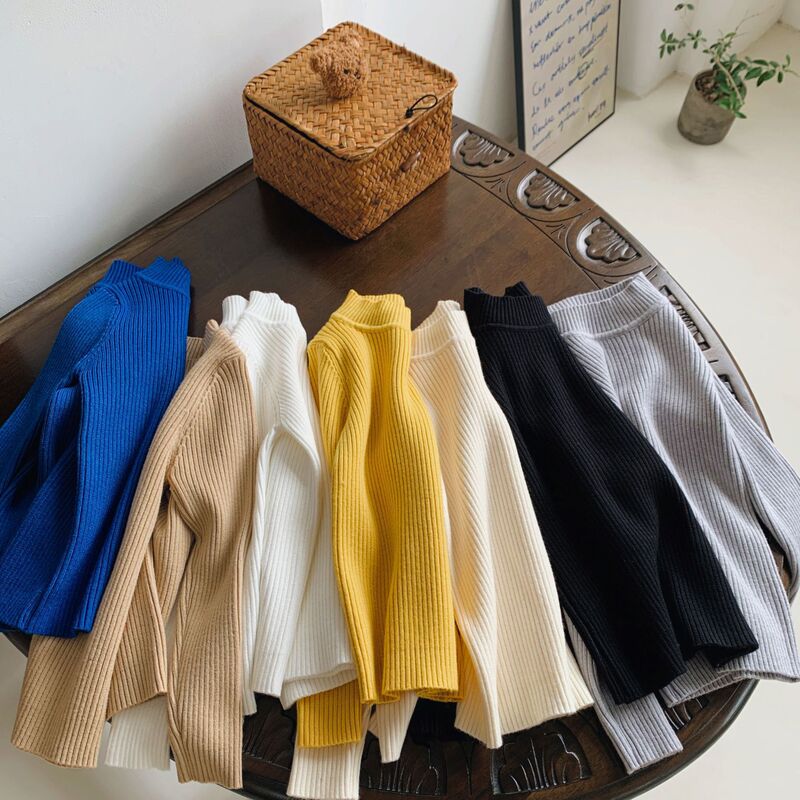 Soft Waxy Children's Knitted Pullover Base Sweater Autumn and Winter Soft Waxy Western-style High Elastic Solid Color All-match Middle Neck Sweater