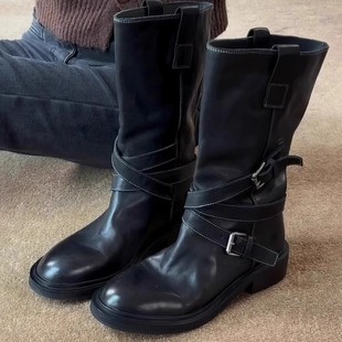Retro Fashion Motorcycle Mid-Calf Boots with Metal Buckle Design 2025 Spring Thick Heel Boots Street Cool Style Women's Boots