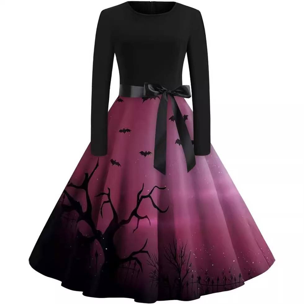 Hot New Cross-border Independent Station Spring and Autumn Women's Crewneck Long Sleeve dress Halloween Theme Print Europe and America