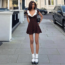 欧美风衬衫V字领短袖连衣裙玫瑰小碎花印花甜辣风收腰A字短裙批发