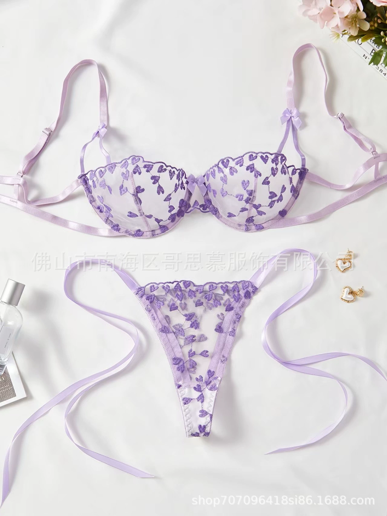 Комплект нижнего белья (sexy hair band) женский европейского стиля, вышитая полупрозрачная сетка, завязки