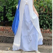 韩版出游穿搭一整套夏季法式蕾丝流苏针织连衣裙镂空叠穿罩衫裙潮