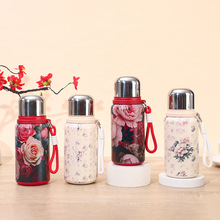 玫瑰牡丹国风复古保温杯带提绳便携真空保温水杯茶水分离泡茶杯