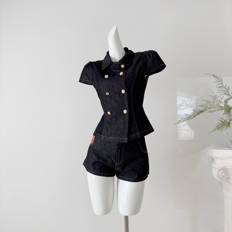 2026 Real Shot Black Double-Breasted Doll Collar Short-Sleeve Denim Top and Shorts Set for Women, Summer Stylish Two-Piece Set