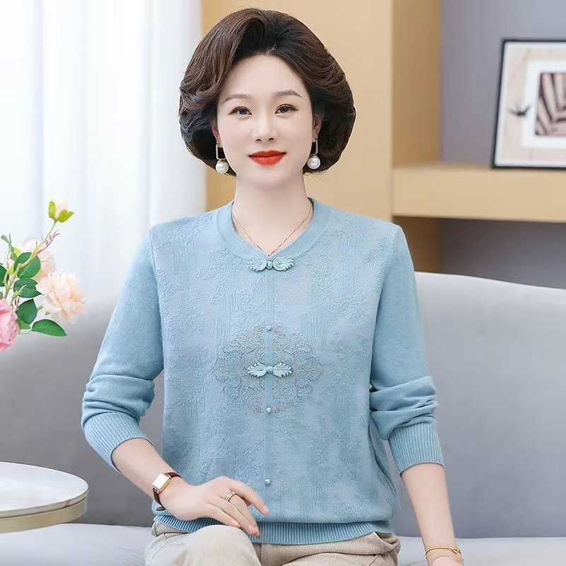 新款秋季妈妈装毛衣中老年女士针织上衣洋气女式国风小衫婆婆衣服|undefined