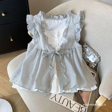 韩系格子假两件衬衫女边减龄宽松无袖娃娃衫背心上衣