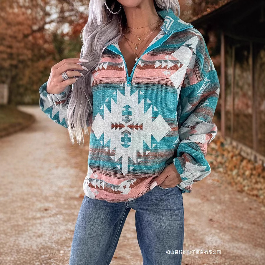 Amazon Cross-border Hot Sale Retro Fashion 3D Printed Sweatshirt Hooded Long Sleeve Pocket Coat Women POD Customized