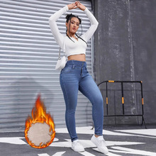 跨境速卖通tik tok加绒牛仔裤女修身高腰小脚裤欧美大码