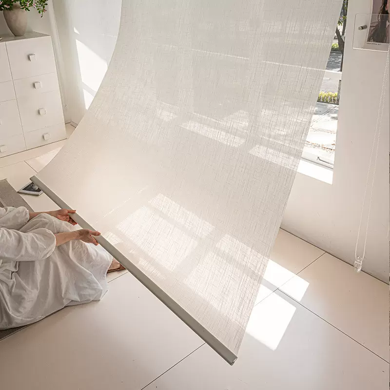 亚麻透光不透人罗马帘宋式美学窗帘客厅阳台全遮光电动升降卷帘