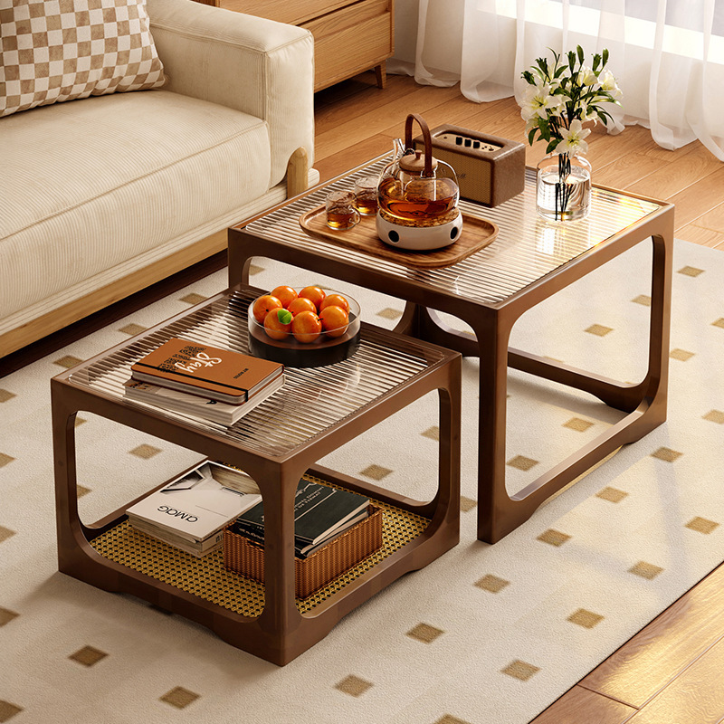 Coffee Table Small Apartment Living Room Household 2025 New Solid Wood Sofa Side Table Square Combination Balcony Rattan Small Tea Table