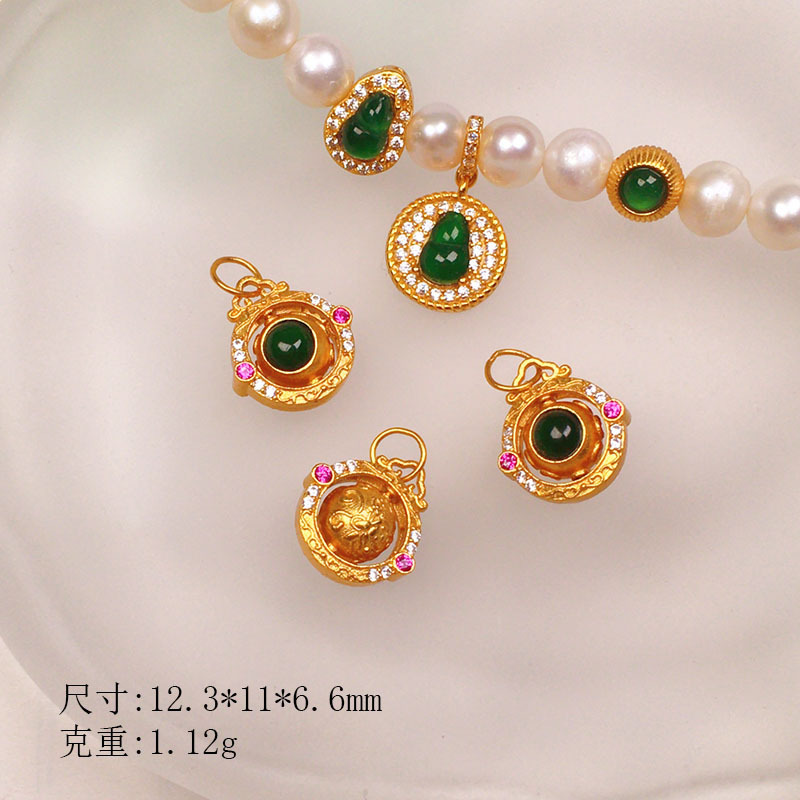 Natural Yang Green Jade S925 Silver Gold-Plated Gourd Accessories Bracelet Necklace String DIY Handmade Bead Semi-Finished Product