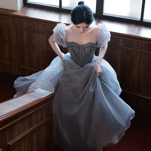Blue evening dress women's high-end light luxury niche birthday adult escape princess wedding dress French High sense annual meeting