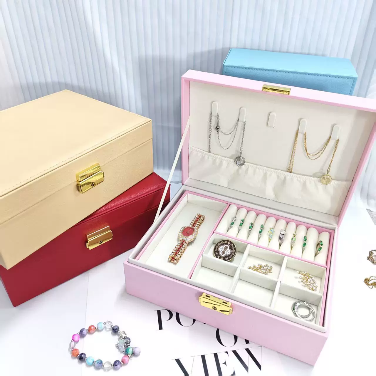 复古木纹皮革双层大容量首饰盒 钻戒指水晶手串翡翠手镯收纳盒子