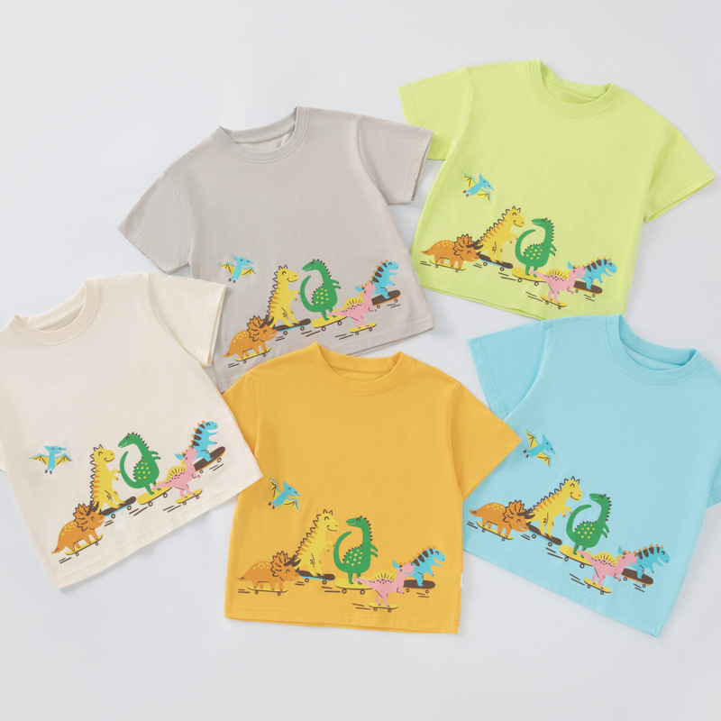 Betop dibujos animados verano niños camiseta de manga corta bebé algodón cuello redondo patineta ropa de dinosaurio