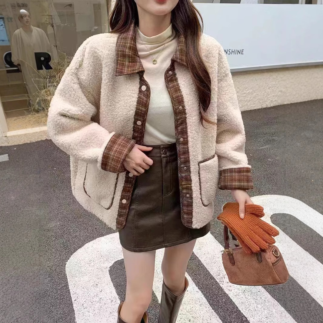 (2개) 플러스 사이즈 여성의 가을과 겨울 새로운 가짜 투피스 컬러 블록 옷깃 격자 두꺼운 양고기 울 디어 스킨 코트 트렌디 탑