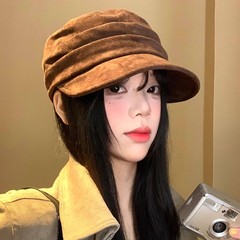 日系麂皮绒平顶贝雷帽女秋冬季新款复古显脸小鸭舌帽百搭八角帽子