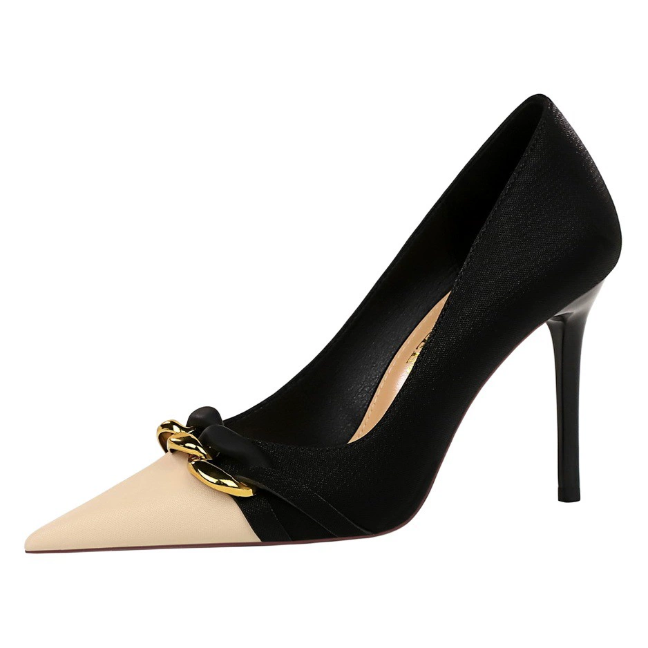 9283-2 европейский и американский стиль банкет Высокие каблуки шпильки Низкий вырез цвет соответствия заостренные металлические цепи декоративные женские туфли