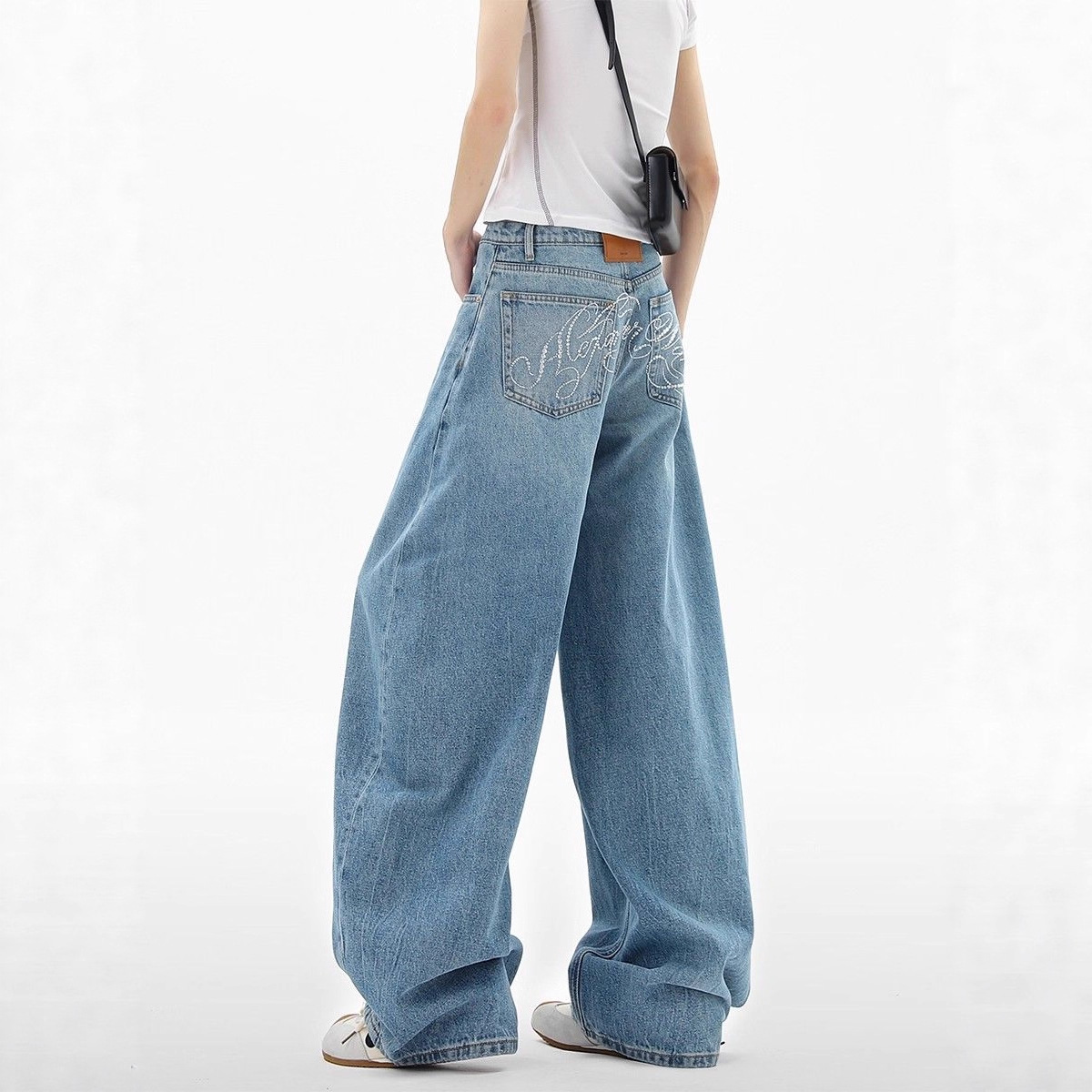 Women's American Style Washed Rhinestone Silhouette Curved Cut Jeans Loose Wide Leg Trousers Casual Cotton Polyester Denim_ecoleips.com