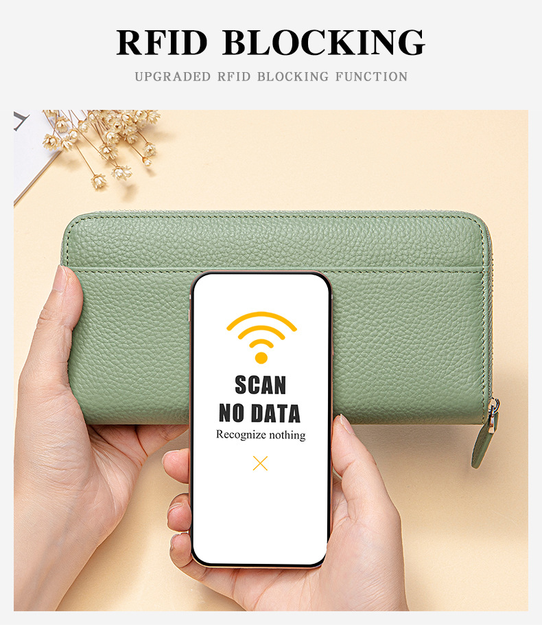 Ví cầm tay nữ da bò dạng phong cầm khóa kéo dài nhiều ngăn thẻ dung tích lớn — Xanh lá (Da bò thật trong ngoài), Đen (Da bò thật trong ngoài), Trắng kem (Da bò thật trong ngoài), Xanh dương (Da bò thật trong ngoài) chi tiết 20
