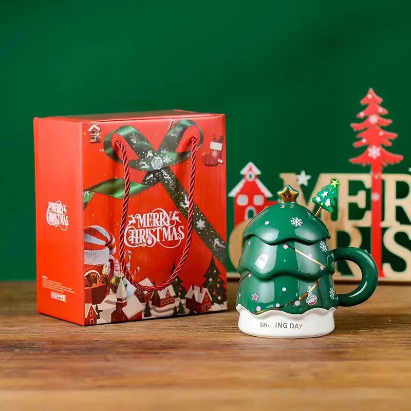 Taza navideña creativa, taza de cerámica con tapa y cuchara, taza para beber, taza de alta gama, taza de gran capacidad con diseño de árbol de Navidad