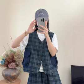 格子牛仔马甲 2026春季新款 时尚韩版小个子撞色口袋无袖背心上衣
