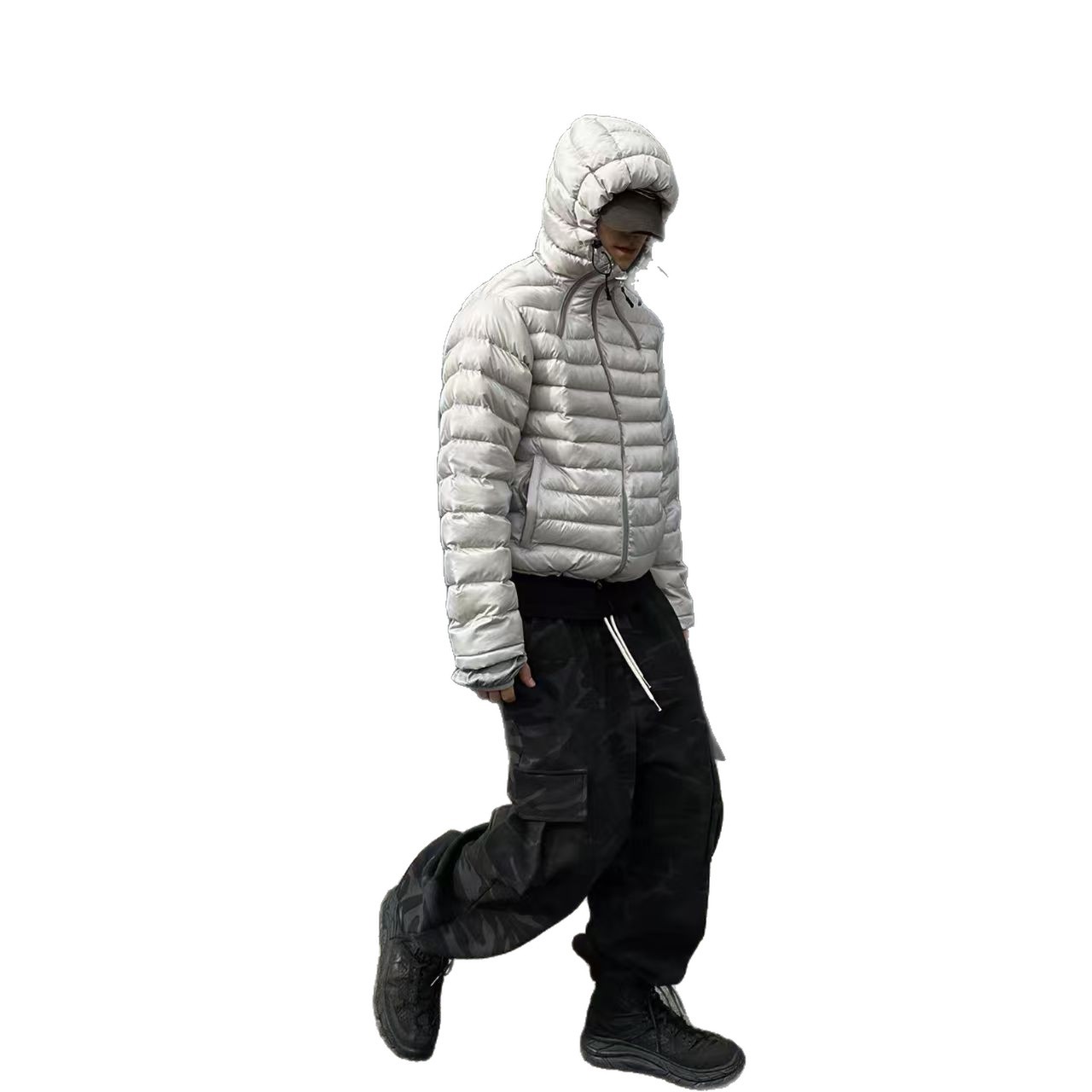Light Gray Hooded For Men Winter High-end Korean Style Cool Bread Jacket Casual Warm Cotton Coat_viptrois.com