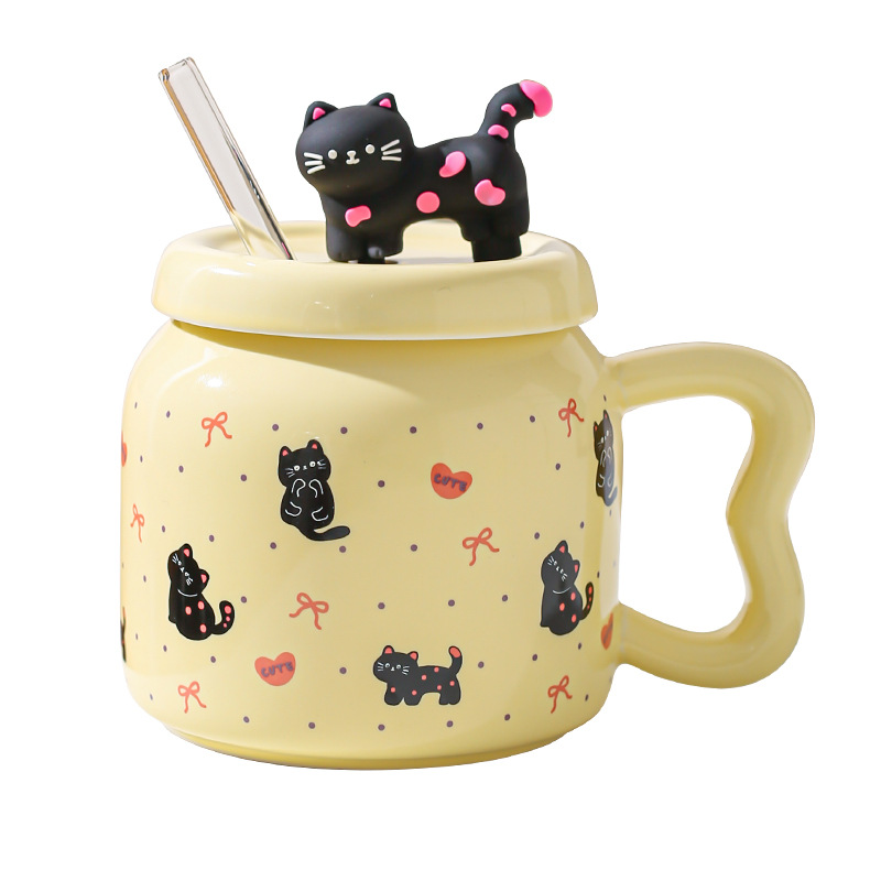 Taza de paja de dibujos animados de gato lindo suave Taza de oficina de alto valor con tapa Taza de pareja casera Taza de desayuno