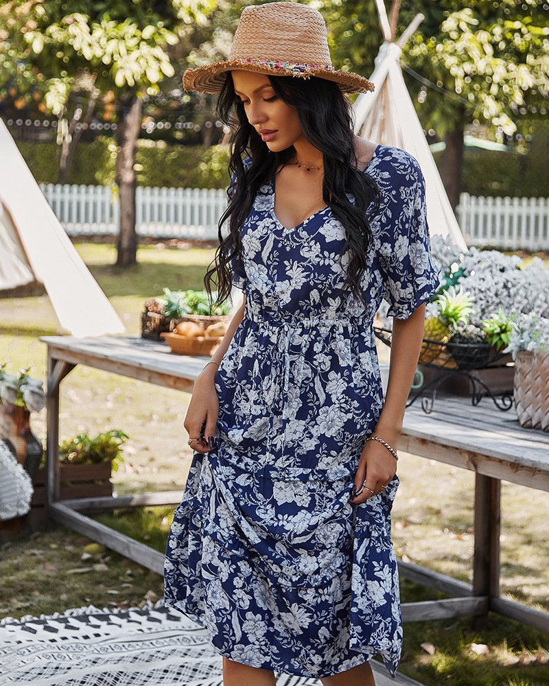 V-neck temperament mid-length printed dress NSKA37608