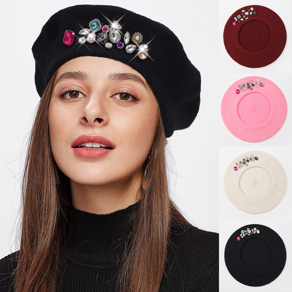 Unisex Neue Herbst- und Wintermütze aus Wolle für Malerinnen, koreanische Version des vielseitigen Hutes mit Strass-Baskenmütze, modischer achteckiger Hut, trendiger Hut_voghion.com