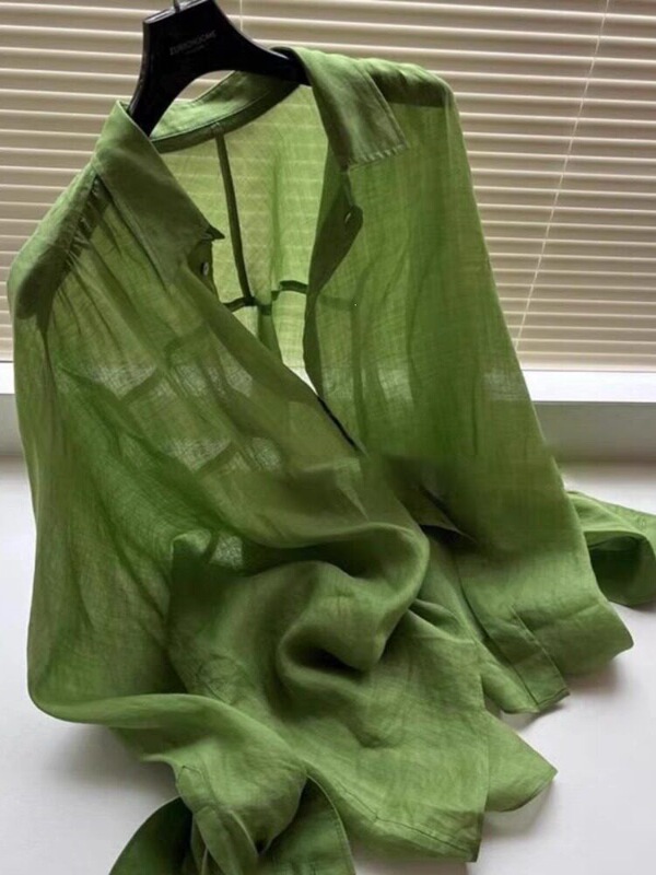 French-Style Avocado Green Linen Sun-Protective Shirt for Women, Summer Loose and Casual Versatile Ice Silk Cardigan Jacket Top
