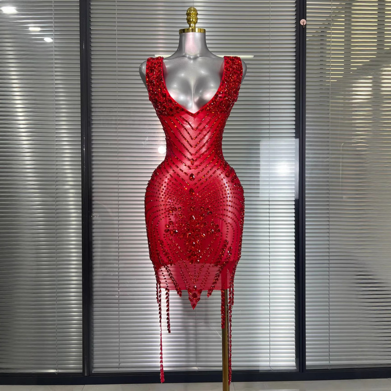 Cross-Border European and American Rhinestone Mesh See-Through Dress Birthday Celebration Stage Performance Singer Celebrity Party Performance Outfit