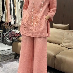 無地ヘビー刺繍七分袖シャツ女性のための 2025 夏の新しい中国風トップワイドレッグパンツツーピーストレンディセット