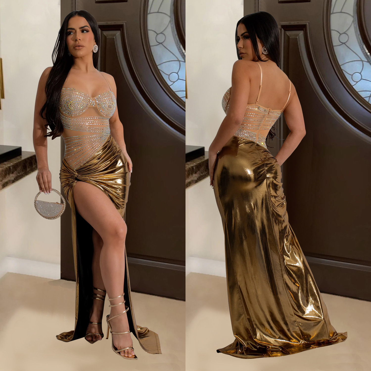 C6935 Aliexpress transfronterizo Amazon estación independiente de moda europea y americana ropa de mujer alta horquilla de perforación caliente vestido de perspectiva image 4