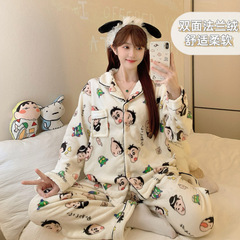 日系卡通睡衣女款秋冬季加厚法兰绒开衫长袖套装可爱家居服可外穿