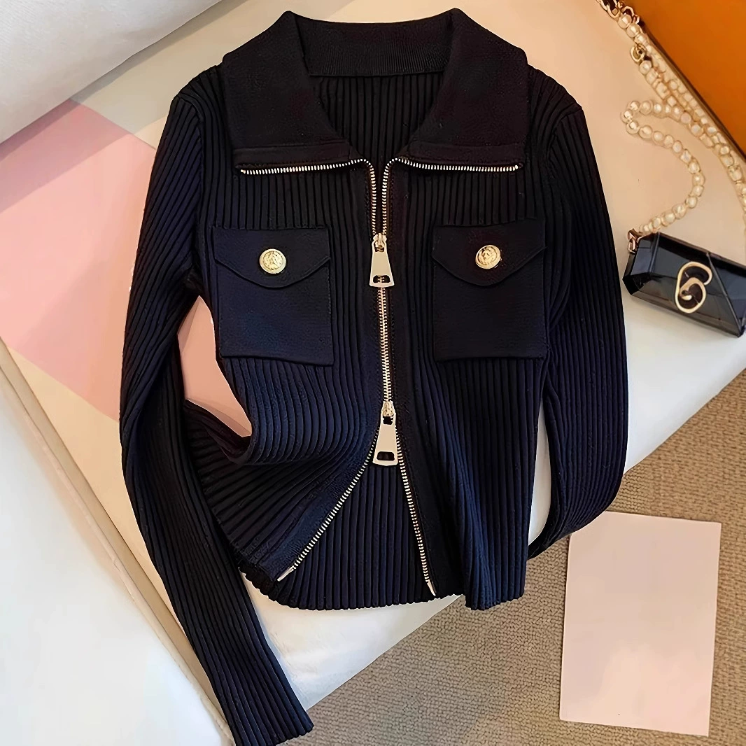 2025 мода минималистичный весенне-осенний новый лацканный молния эластичный ямный трикотаж с длинными рукавами кардиган куртка женский