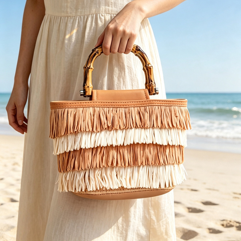 Cross-border beach tassel handbag, European and American vintage bamboo handle large-capacity straw bag, tassel paper rope high-end women's bag Cross-border beach tassel handbag, European and American vintage bamboo handle large-capacity straw bag, tassel paper rope high-end women's bag