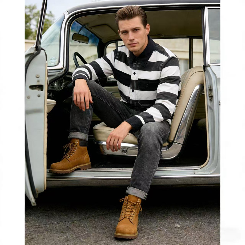 OKONKWO 16oz Heavy Prisoner Striped Jacket Thick Canvas Motorcycle Jacket Coat Ami