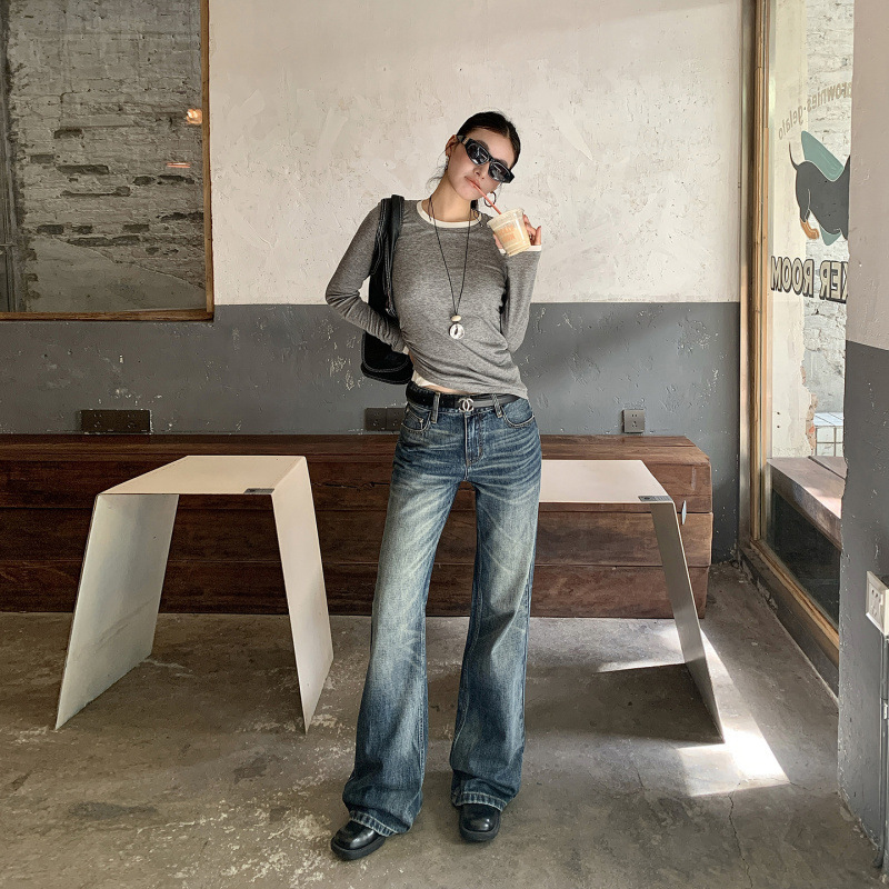 25 New Winter Style American Retro Washed Distressed Mid-Low Waist Non-Elastic Slightly Loose Flared Floor-Length Jeans for Women