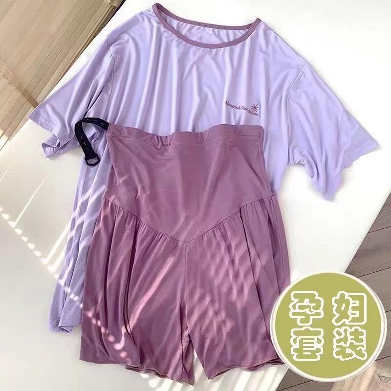 (2개) 임산부 여름 잠옷 세트 아우터 웨어 루즈 여름 얇은 스타일 배 지지 임산부 홈 의류 대형 사이즈 반바지 투피스 세트