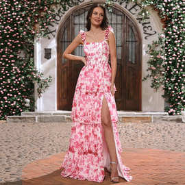速卖通新款修身长款连衣裙复古碎花洋裙开衩吊带长裙派对晚会礼服