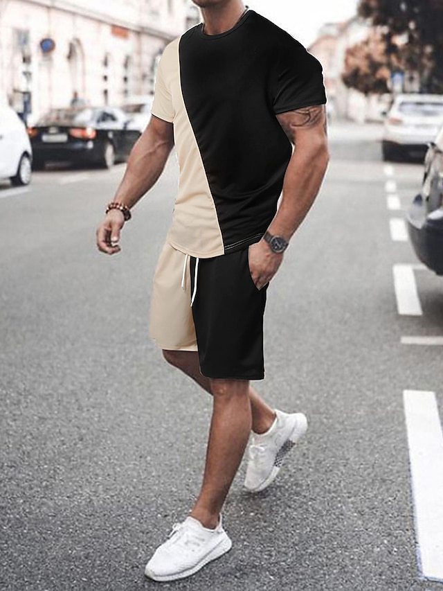 Comercio exterior europeo y americano verano nuevo estilo moda hombre simple impresión 3D a juego de color camiseta de manga corta traje de 2 piezas para hombre al por mayor