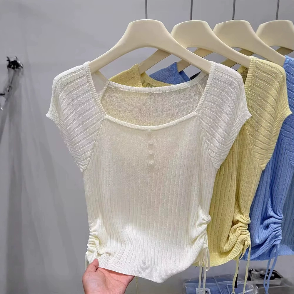 2025 новая летняя мода универсальная футболка с квадратным вырезом и завязками на талии, утягивающая короткий рукав, вязаная майка для женщин, высококачественные топы