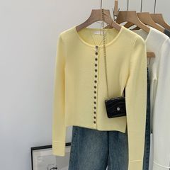 韩系简约单排扣长袖针织开衫女2025早秋新款修身显瘦薄款外搭上衣