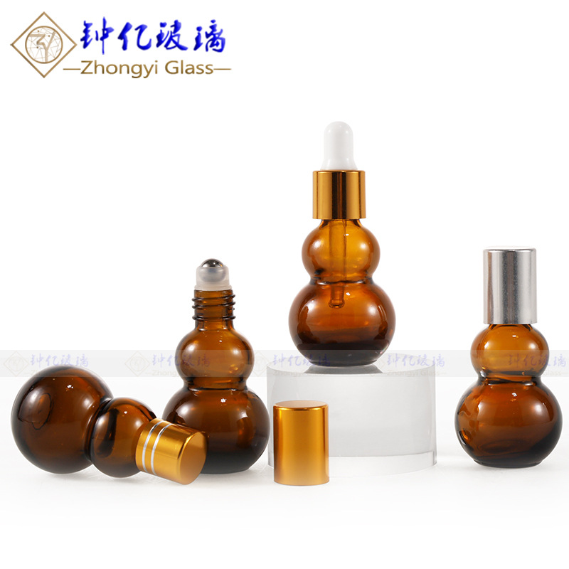 茶色双葫芦滚珠精油瓶10ml精华液避光走珠瓶化妆品玻璃药油分装瓶