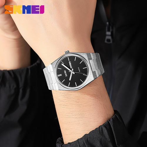 Skmei fashion solid stainless steel buckle men's business casual quartz watch thin dual calendar men's watch