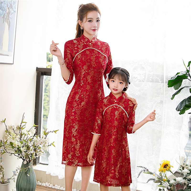 Ropa de mujer para padres e hijos 2023 nueva ropa de estilo chino cheongsam de encaje de gama alta para niñas