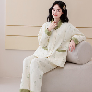2025 Pajamas for Women in Autumn and Winter November Thickeneded Quilted Confinement Clothes Postpartum Air Layer Large Size Home Clothes Set October