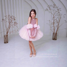 ins女童外贸礼服新款丝绒手袖挂脖公主裙T台走秀演出服圣诞晚会礼